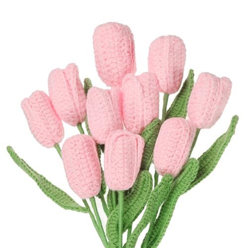 MECCANIXITY Tulip Crochet Flowers, Artificial Knitted Tulip Flower Completed Handmade Tulips Bouquet for Gift Home Birthday Wedding Decoration, Pink Pack of 10 - color: Pink