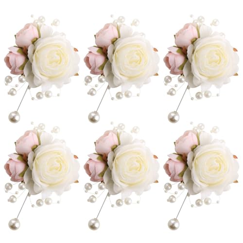 Boutonnieres Set of 6 for Groom Groomsmen Best Man Suit Decoration Artificial Flower Boutonniere for Men Wedding Graduation Prom Homecoming Party Ivory and Pink - color: Ivory & Pink Boutonnieres (6pcs)