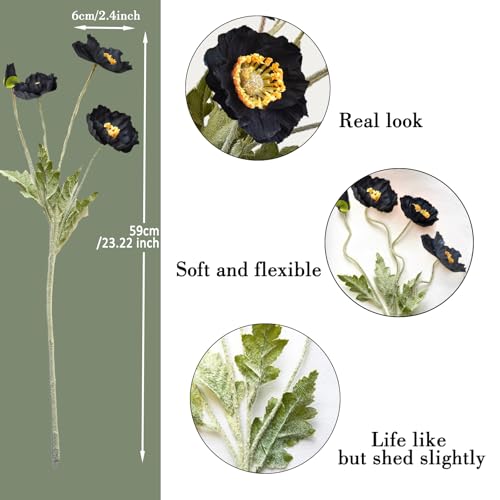 Artificial Flowers 5Pcs Poppies Flowers Artificial Silk Flowers for Home Office Wedding Outdoor Decor (Black) - color: Black