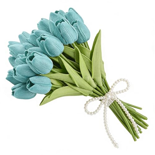 Artificial Tulips Bridal Wedding Festival Decor Bouquet Real Touch PU Flower Bouquet Pack of 20 (Turquoise) - color: Turquoise