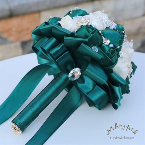 6.3" Dark Green & Ivory Bridal Wedding Bouquet Round Holding Bouquet Throw Toss Artificial Rose Flower Bunch for Bride Bridesmaid Wedding Quinceanera - color: Dark Green & Ivory, size: Mini (Dia. 6.3"/16cm)