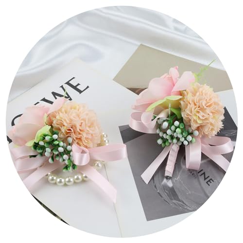 Pink Corsage and Boutonniere Set Rose Silk Wrist Corsage for Prom Wedding Brides Pocket Boutonniere for Men Prom Party Decor 2PC - color: Pink Corsage - Single Chain