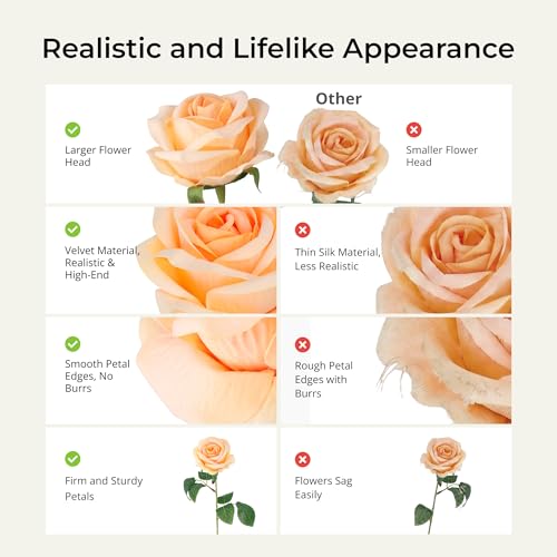 Auihiay 14PCS Champagne Artificial Roses, Realistic Silk Fake Roses Flowers with Long Stem for Father's Day, DIY Bouquets, Home Decor, Baby Shower Party & Wedding Centerpieces - color: Champagne