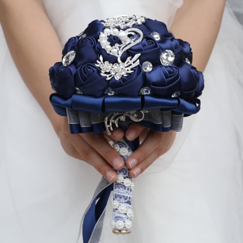 Wedding Bouquets Crystal Satin Rose Bride Bridal Bouquet Romantic Bridesmaid Holding Flower for Valentine's Day Confession Party Church Decor (Navy) - color: Navy