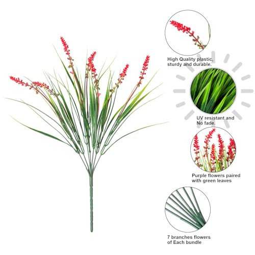 HyeFlora 20 Bundles Artificial Fake Outdoor Plants Flowers for Spring Decoration, UV Resistant Realistic Red Plastic Flowers Faux Plant Monkey Grass for Planter Home Garden Porch Patio Window Box - color: 12pcs Red Monkey Grass+8pcs Red Flowers