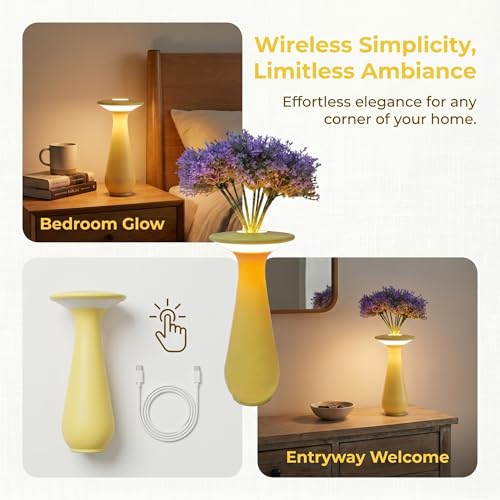 Rechargeable Cordless Flower Table Lamp | Vase Lamp Design, Small Night Light, For Restaurant, Bedroom, Dining Table, Office, Home - color: Yellow