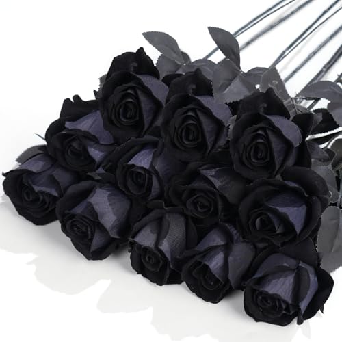 12 Pcs Black Roses Artificial Flowers with Long Stem, Faux Silk Rose Bouquet Realistic Lifelike Fake Floral Bundles for Halloween Valentine's Day Wedding Party Table Centerpiece Decor, Small - color: Black, size: Small