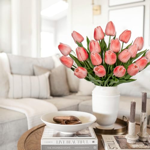 20 Pcs Coral Tulips Artificial Flowers Real Touch Fake Tulips Fake Flowers for Mother's Day 13.5" Faux Tulips Faux Flowers Bulk Artificial Tulips Flowers for Vase Centerpieces Home Wedding Bouquet - color: Coral #20