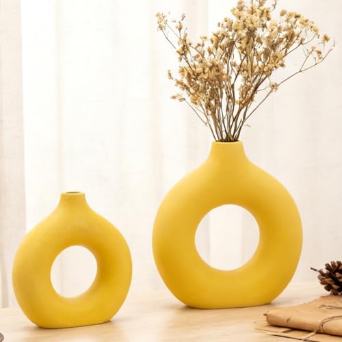 Ceramic Vase Set of 2 Home Decor Modern Farmhouse Style Living Room Ornament Dining Table Room Pottery Yellow Small Donut Vases for Dried Flowers - color: Vt11 Yellow