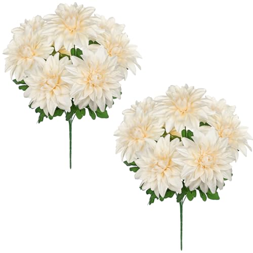 Hollyone 2Pcs White Artificial Dahlia Flowers Bush 7 Heads Silk Fake Dahlias Flowers with Stems Wedding Bouquets Faux Dahlia Flower Floral Arrangements for Outdoor Indoor Table Centerpieces Home Decor - color: 2pcs - White