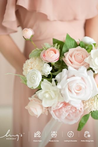 Ling's moment Artificial Bridesmaid Bouquets Set of 4,Pink Wedding Flower Bouquets Blush & Cream Floral Bouquet White Rose Bridal Bouquets with Ribbon,Ceremony,Anniversary,7-inch Diameter - color: Pk-blush & Cream