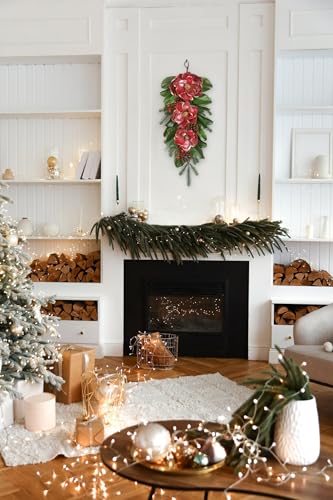 Briful 28.7 Inch Christmas Magnolia Flower Teardrop Swag – Red Magnolia Door Swag with Pine Cones Berries Artificial Christmas Hanging Teardrop for Xmas Home Holiday Front Door Outdoor Porch Decor - color: Teardrop Swag