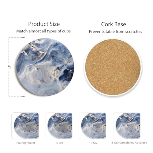 Set of 6 Navy Blue Marble Coasters with Holder,Absorbent Ceramic Coasters for Drinks, Coasters with Cork Backing for Table Protection, Housewarming Gifts for New Home - color: Navy Blue