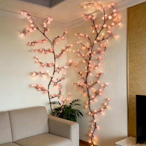 Cherry LED Tree Branch Lights for Wall,Cherry Blossom Vine Lights with 144 LED Flower String Lights and USB Powered,8 Lighting Modes for Bedroom Indoor Window Wedding Outdoor Decor (91in) - size: 91in, style: Cherry blossom