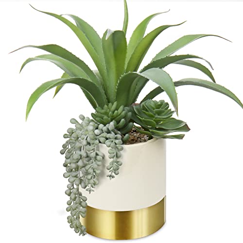 Hollyone Large Artificial Succulents Plants Faux Succulents 12" Fake Succulent Plants in Gold Ceramic Pot Succulent Plant for Desk Modern Home Living Room Office Table Bathroom Decor - color: Mercury - Gold 1