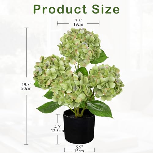 Hollyone Green Hydrangea Artificial Flowers in Pots 19.7" Four-Head Faux Silk Hydranges Flower Arrangements for Indoor Home Office Kitchen Table Centerpieces Wedding Decorations - color: Green, size: 4 Head Hydrangea