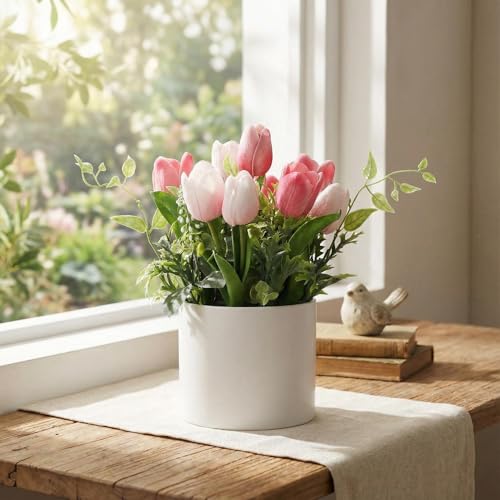 10 Pcs Artificial Tulips in Ceramic Vase, Faux Tulip Flower Arrangement, Potted Tabletop Fake Plants in Ceramic Planter, Elegant Spring Decor for Easter, Wedding Bouquet, Magenta Red - color: Magenta Red, size: Tulip, with Ceramic Planter