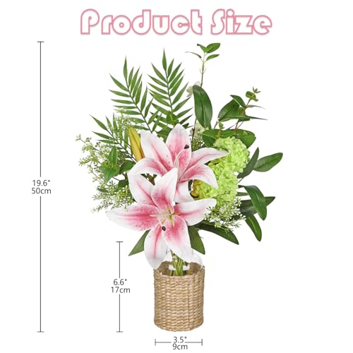 Hollyone Fake Flowers with Vase, Easter Lily Flowers, Pink Silk Tiger Lily and Hydrangea Artificial Flowers in Vase, Faux Plants and Flowers Arrangement Bouquets for Table Centerpieces Home Decor - color: Pink