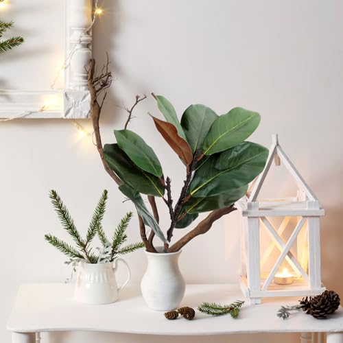 Thiccywoov 6 Pcs Magnolia Artificial Leaves Branches 3D Magnolia Pick Faux Stems Twigs Realistic Touch Faux Greenery Table Centerpiece for Spring Vase Filling Farmhouse Home Office (Green,22 Inch) - size: 22 inch