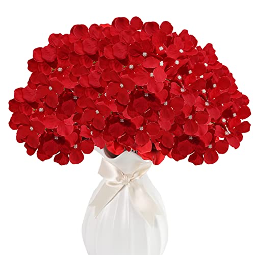 FagusHome Silk Hydrangea Heads 36 Pcs Artificial Flowers Heads and 3 Dozens Stems Fake Hydrangea Flowers with Stems for Home Wedding Decor (Red) - color: Red