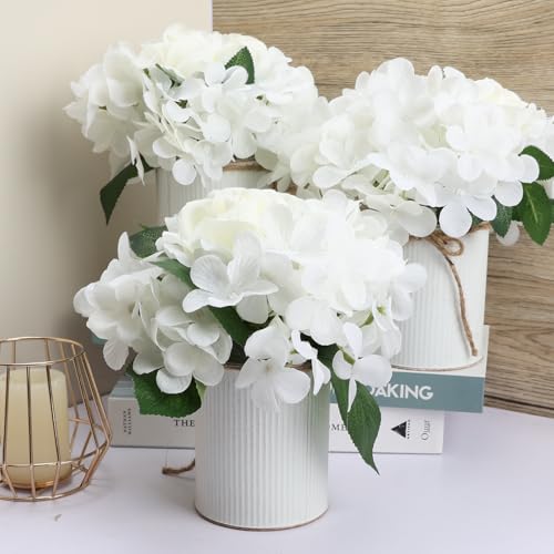 Flower Table Centerpieces - Set of 6 Floral Arrangement Artificial Wedding Hydrangeas Floral Arrangement with Rustic Metal Vase for Bridal Tea Party Event Decorations - White - color: White