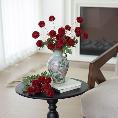 mizii 6Pcs Red Fake Silk Pompon Mum Artificial Flowers Bulk Small Faux Chrysanthemums with Stems Realistic Floral Decorations for Wedding DIY Bouquet Centerpieces Shower Vase Home Decor (Red) - color: Red