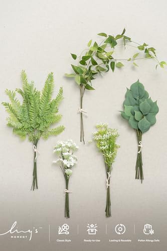 Ling's moment Artificial Greenery Stems Box Set, 71pcs with 5 Kinds of Faux Greenery Picks for DIY Bridal Bouquets Wedding Floral Arrangement Table Centerpieces, Light Green & White - color: Grn-light Green & White