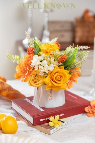 WELL KNOWN Small Fake Flowers in Plastic Vase, 7" Yellow Orange Silk Flower Arrangements for Home Decor, Indoor Artificial Flower Bouquet Centerpieces for Dining Kitchen Wedding Coffee Table Decor - color: Orange & Yellow