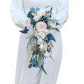 10.2 Inch Cascading Bridal Bouquet Waterfall Cascade Bridal Wedding Bouquet for Bride Rustic with Artificial Champagne Rose Flower and Peacock Blue Leaves - color: Champagne Rose & Peacock Blue Leaves