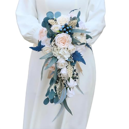 10.2 Inch Cascading Bridal Bouquet Waterfall Cascade Bridal Wedding Bouquet for Bride Rustic with Artificial Champagne Rose Flower and Peacock Blue Leaves - color: Champagne Rose & Peacock Blue Leaves