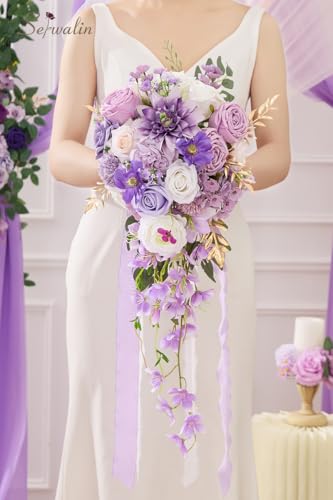 Serwalin 11 Inch Wedding Bouquets for Bride Bridesmaid, Purple Rose Bridal Bouquets for Bride, Wedding Flowers Bouquet Tossing Bouquet, Ceremony and Anniversary - color: Purple