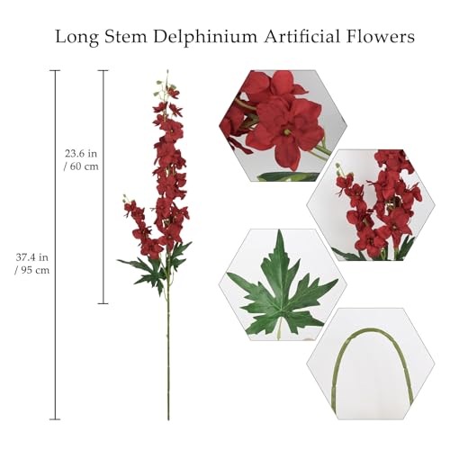 6Pcs Red Delphinium Artificial Flowers 37.4’’ Faux Silk Larkspur Flowers Long Stem Artificial Flowers for Tall Vase Table Home Wedding Party Garden Decor(Red) - color: Red