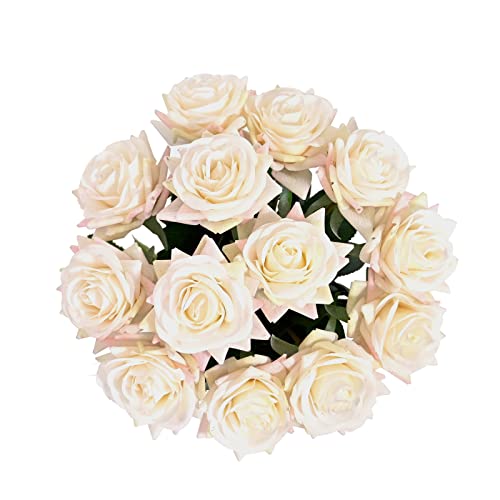 ZMZQ&flw Artificial Flowers Champagne Roses 12PCS, Real Touch Silk Flowers, Realistic Single Fake Flower with Individual Stems Leaves - color: Light Yellow 12pcs