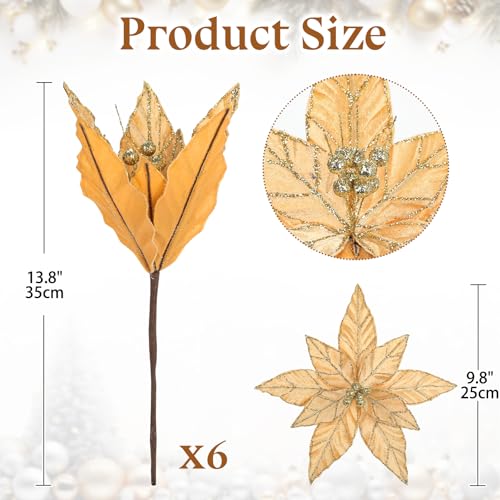 Briful 6 Pack Gold Glitter Christmas Poinsettia Picks, 13.8'' Artificial Floral Stems with Gold Edges & Sparkle Beads, 9.8'' Blossom Holiday Flower Picks for Tree, Wreath, Table Centerpiece Decor - color: Orange#352, size: 12'' POINSETTIA / 6PCS