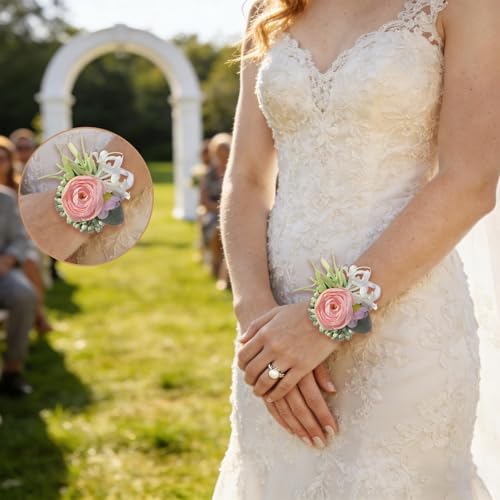 6Pcs Pink Artificial Silk Rose Wrist Corsages for Woman Wedding Prom | Wrist Corsage for Wedding Prom Homecoming Anniversary Formal Party Engagement Bridal Shower for Bridesmaid Mother of Bride - color: Pink3# Wrist Corsage (6 Piece)