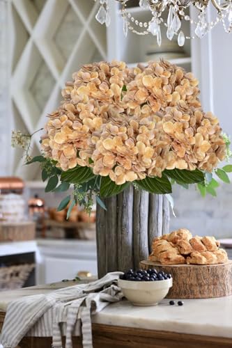 DILATATA Fake Hydrangeas Real Touch Hydrangea Flowers 26" Large Artificial Hydrangea Flowers Silk Hydrangea for Wedding Bouquet, Home, Party, Store, 3 Pcs - color: Dark Beige, size: 3PCS
