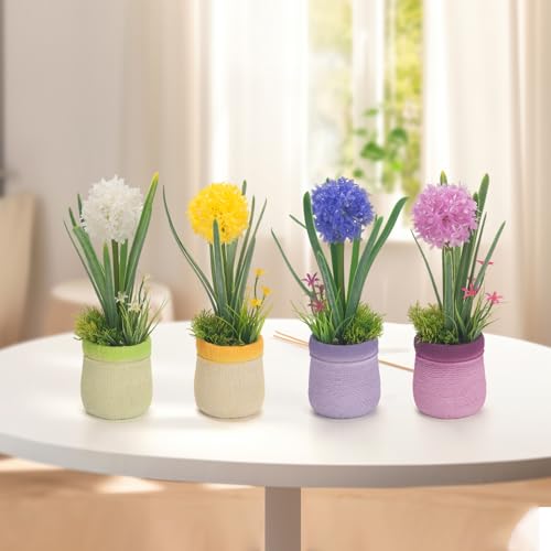 Velener 4PCs Fake Flowers in Vase, Babys Breath Artificial Flowers Indoor, Fake Potted Plants, Hydrangeas, Desk Plants for Home Bathroom Kitchen Shelf Office Decor(Plastic Vase)