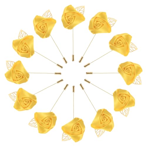 M METERXITY 12-Pack Flower Lapel Pins for Men, Golden Leaf Rose Boutonnieres Pin for Wedding/Dance/Party, Mens Lapel Pins for Suits Satin Flower Corsage Hat Pins [Yellow] - color: Yellow