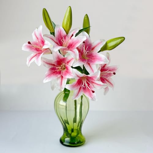 Yalzone 2 Pcs 28 inch Pink Artificial Lily Flowers Fake Real Touch Lily 3 Heads 2 Buds Pink Flowers Artificial Faux Lily for Home Office Decor Wedding Bouquet Decoration Table Centerpiece (W045)