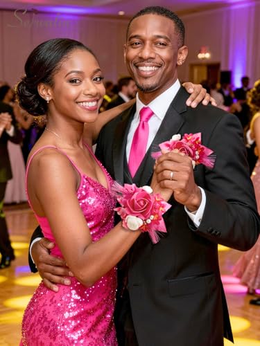 Serwalin 2 Pcs Wrist Corsage and Boutonniere Set, 6-7 Inch Hot Pink Corsage for Wedding, Boutonniere for Men Corsage Wristlet Prom Ceremony Anniversary Accessories Suit - color: Hot Pink, size: 1 Boutonniere & 1 Wrist Corsage-2pcs