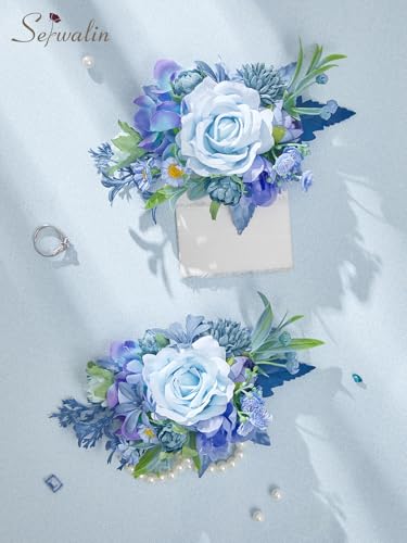 Serwalin 2Pcs Corsage and Boutonniere Set,Blue Rose Corsage Wristlet and Pocket Boutonniere for Prom Wedding Homecoming Anniversary Graduation - color: Blue