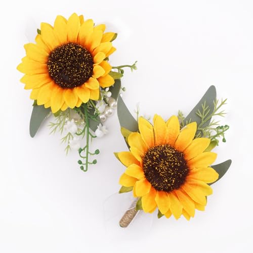 2Pcs Sunflower Corsage Wristlet and Boutonniere for Men Set - Perfect for Prom Decorations Weddings Party Suit Flower Accessories - color: Sunflower
