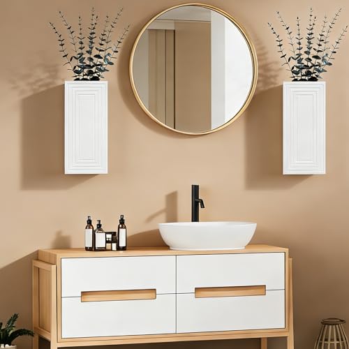 Wooden Wall Planter Vase, 2 Pack White Wood Hanging Vases with Fake Eucalyptus for Indoor Modern Boho Farmhouse Wall Art Decor for Home Indoor Kitchen Modern Farmhouse Bathroom - color: White With Eucalyptus