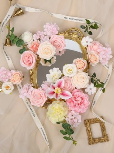 Artificial Pink Flower Box Arrangement, Fake Silk Rose Hydrangea Orchid Eucalyptus Greenery Floral Centerpiece, Artificial Flowers Gift Box for Wedding Bridal Shower Home Table Decor - color: Pale Pink