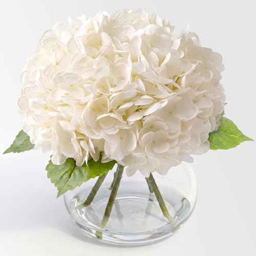 Hydrangea Artificial Flowers with Vase, Real Touch Latex Fake Hydrangeas Spring Stem Leaves Bouquet with Faux Water, Realistic Faux Flower for Home Office Bedroom Table Centerpiece Decor White - color: White