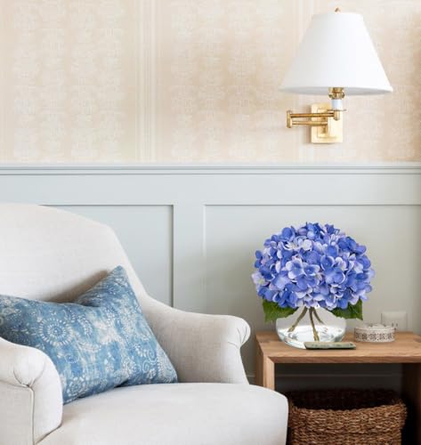 Hollyone Blue Hydrangea Artificial Flowers with Vase Silk Blue Hydrangeas Fake Flowers Arrangements Floral Bulk Bouquet in Glass Vase with Faux Water for Bathroom Table Centerpiece Home Decorations - color: Hydrangea, Slate Blue