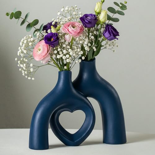Liotww Snuggle Hollow Decorative Ceramic Vase, 8.3 Inch Hug Donut Modern Nordic Boho Style Vases for Aesthetic Home Decor, Anthropologie Living Room Shelf Coffee Table Décor (Navy Blue) - color: Heart - Navy Blue
