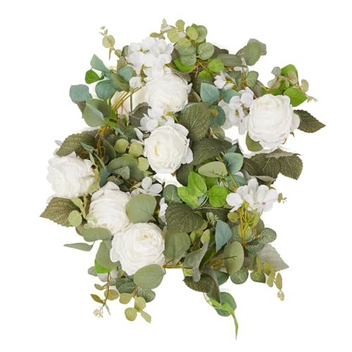PONKING Flower Garland Artificial Rose & Hydrangea Vine Hanging Fake Flowers Vines for Wedding Birthday Party Valentines Christmas Room Wall Arch Decor, 1 Rose & 1 Hydrangea White Floral Garland - color: Large Rose & Hydrangea White Vines 5.4ft