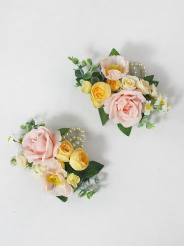 Rinlong 2Pcs Pastel Pink Wrist Corsage for Wedding, Prom, Homecoming | Bridesmaid Wristlet, Mother of the Bride Flower Corsage - color: 17-yellow Pink