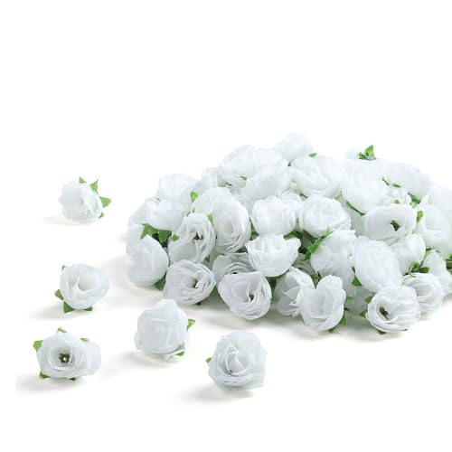 SITUMEIZI 100 Pcs 1.3 inches Mini White Rose Head White Artificial Roses Fake White Flowers for Wedding Decor, Graduation Cap, Cake, DIY Flower Wall Mother's Day Home Party Decor - color: White